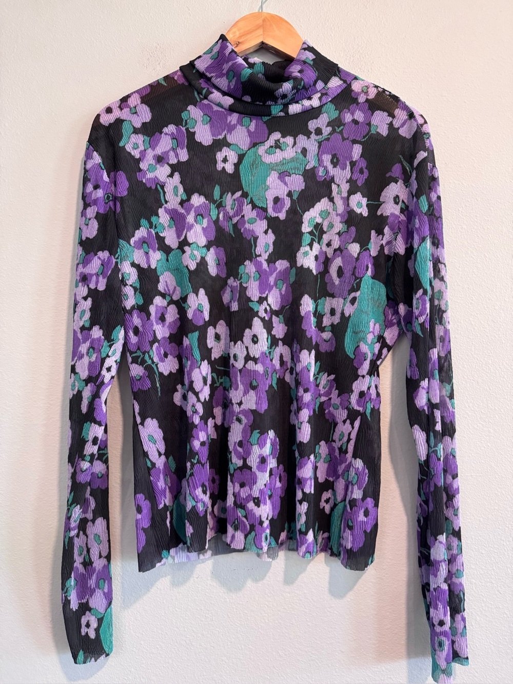 & Other Stories Floral Crinckle Mesh Turtleneck Long Sleeve Top M